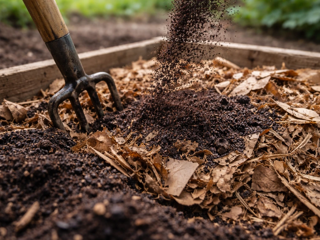Close view of a backyard compost pile with tea grounds mixed into dried leaves and cardboard.