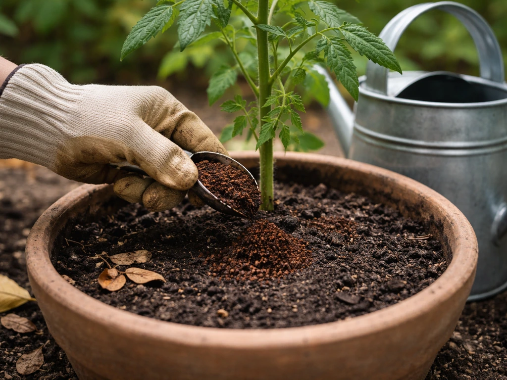 Gloved hand sprinkling a small amount of tea grounds onto soil while a watering can waits nearby.