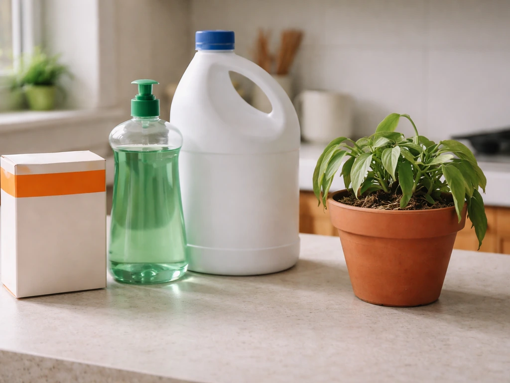 Unlabeled household cleaning products beside a small stressed potted plant on a counter.