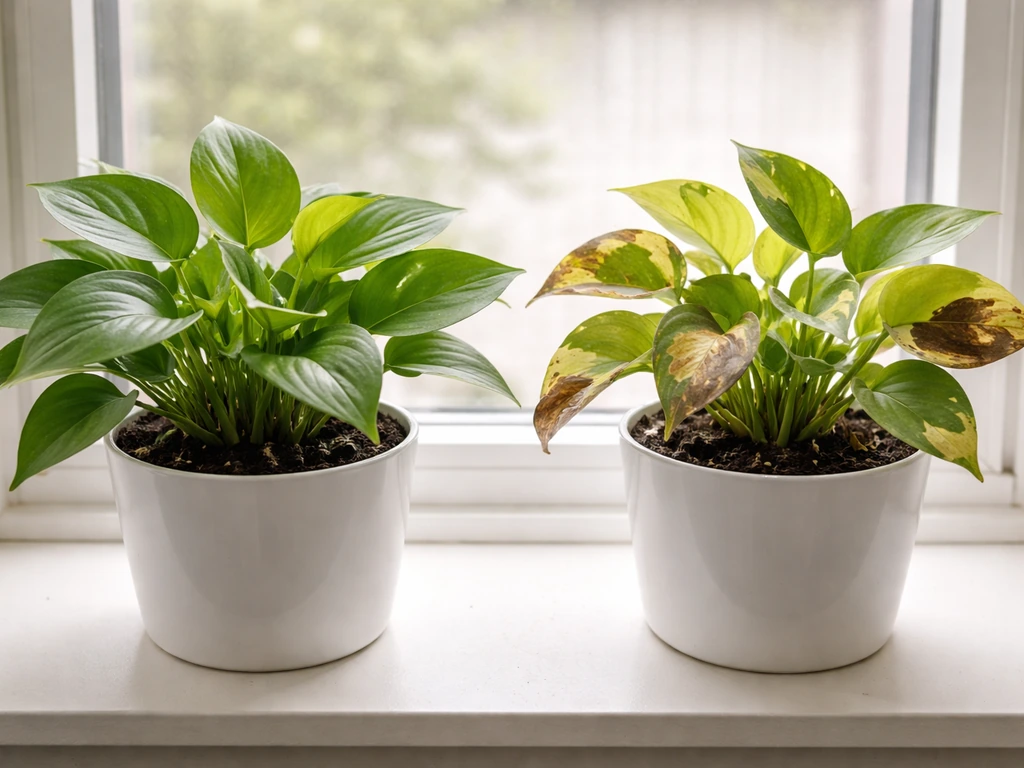 Side-by-side money plants: one healthy green, one with yellow/brown leaf discoloration and damaged edges.