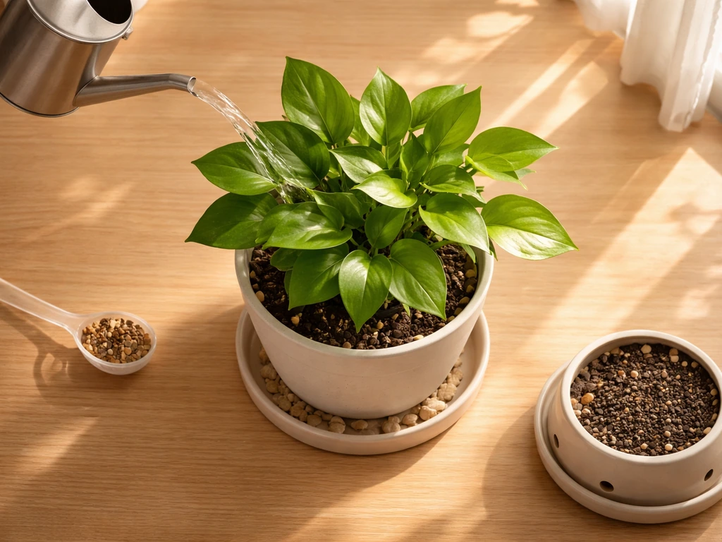 Thriving potted plant with items suggesting proper light, watering, fertilizer/compost, and drainage.