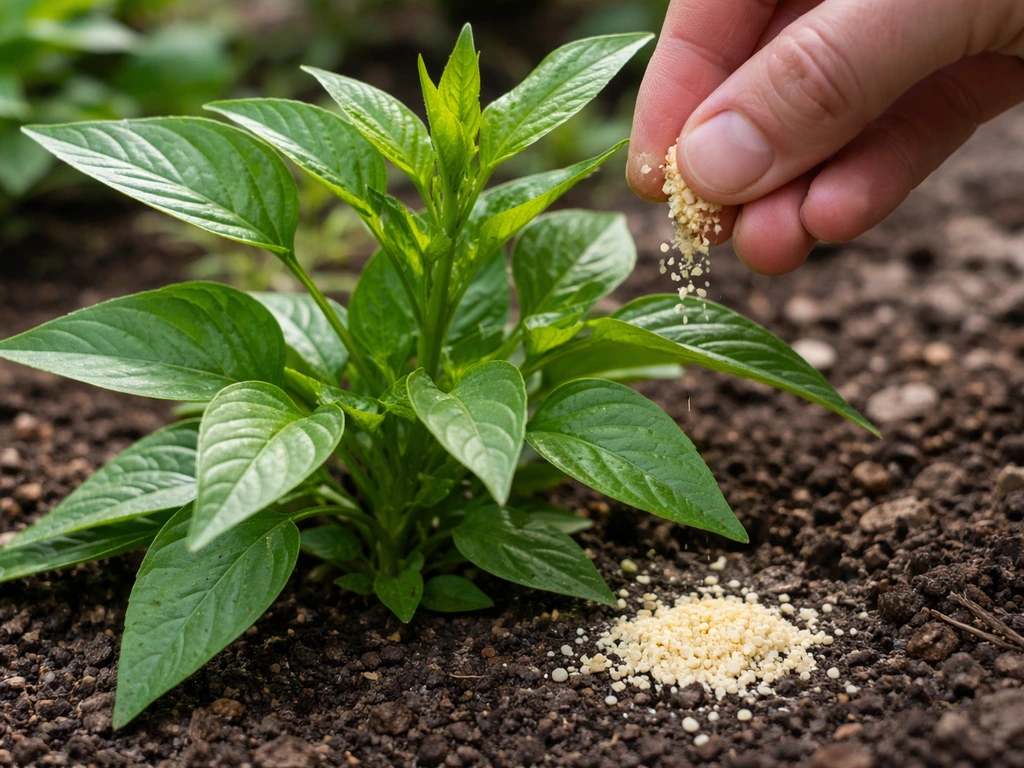 Close-up of green plant leaves with a gardener’s hand holding pale yellow sulfur granules near the soil.