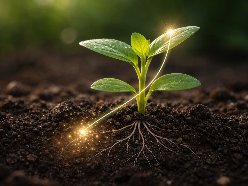 Real plant leaves and roots with a subtle root-to-leaf overlay suggesting sulfur sulfate to cysteine pathway