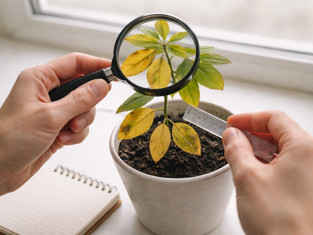 Hands use a magnifier and small ruler to compare where leaves yellow on a potted plant.