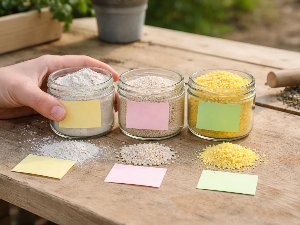 Workbench with three labeled sulfur product containers: gypsum, potassium sulfate, and elemental sulfur.