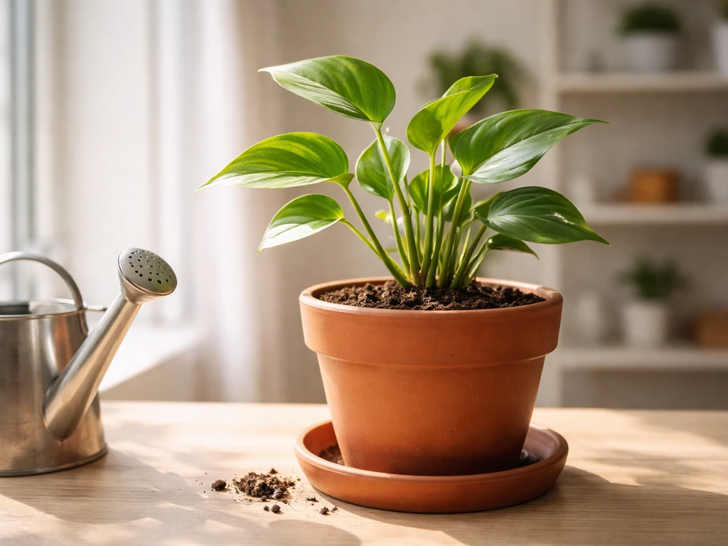 Healthy potted houseplants by a bright window with visible soil and watering setup