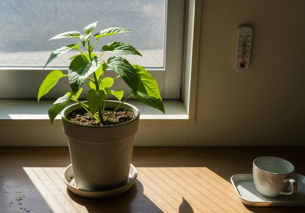Close-up of a potted plant by a window with visible sunlight and a simple watering setup