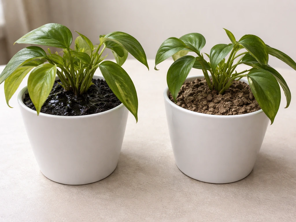 Two matching houseplants in separate pots: one overwatered with soggy soil, one underwatered with dry, wilted leaves.