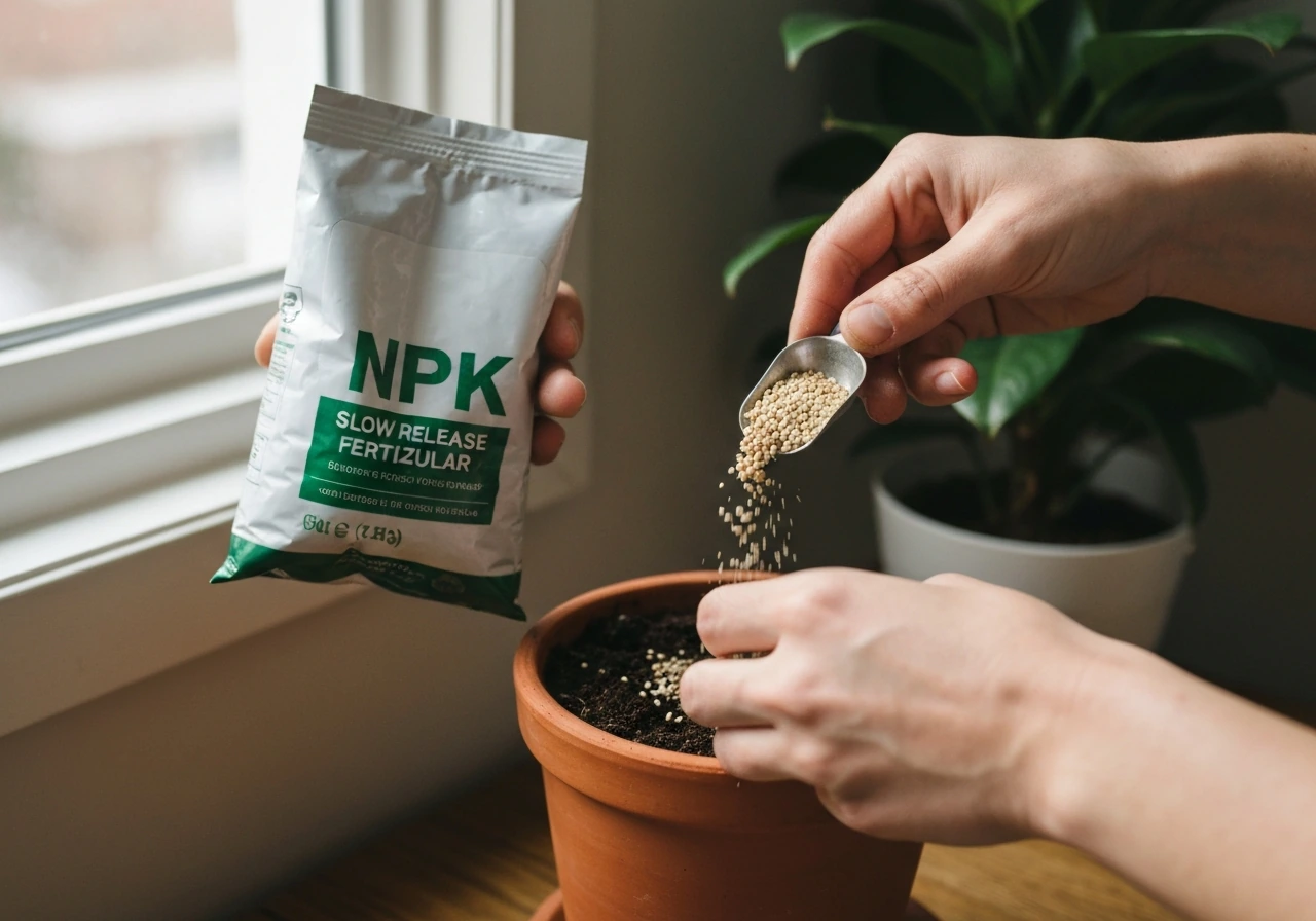 Hand measuring and sprinkling slow-release NPK granular fertilizer into a plant pot with fertilizer bag nearby.