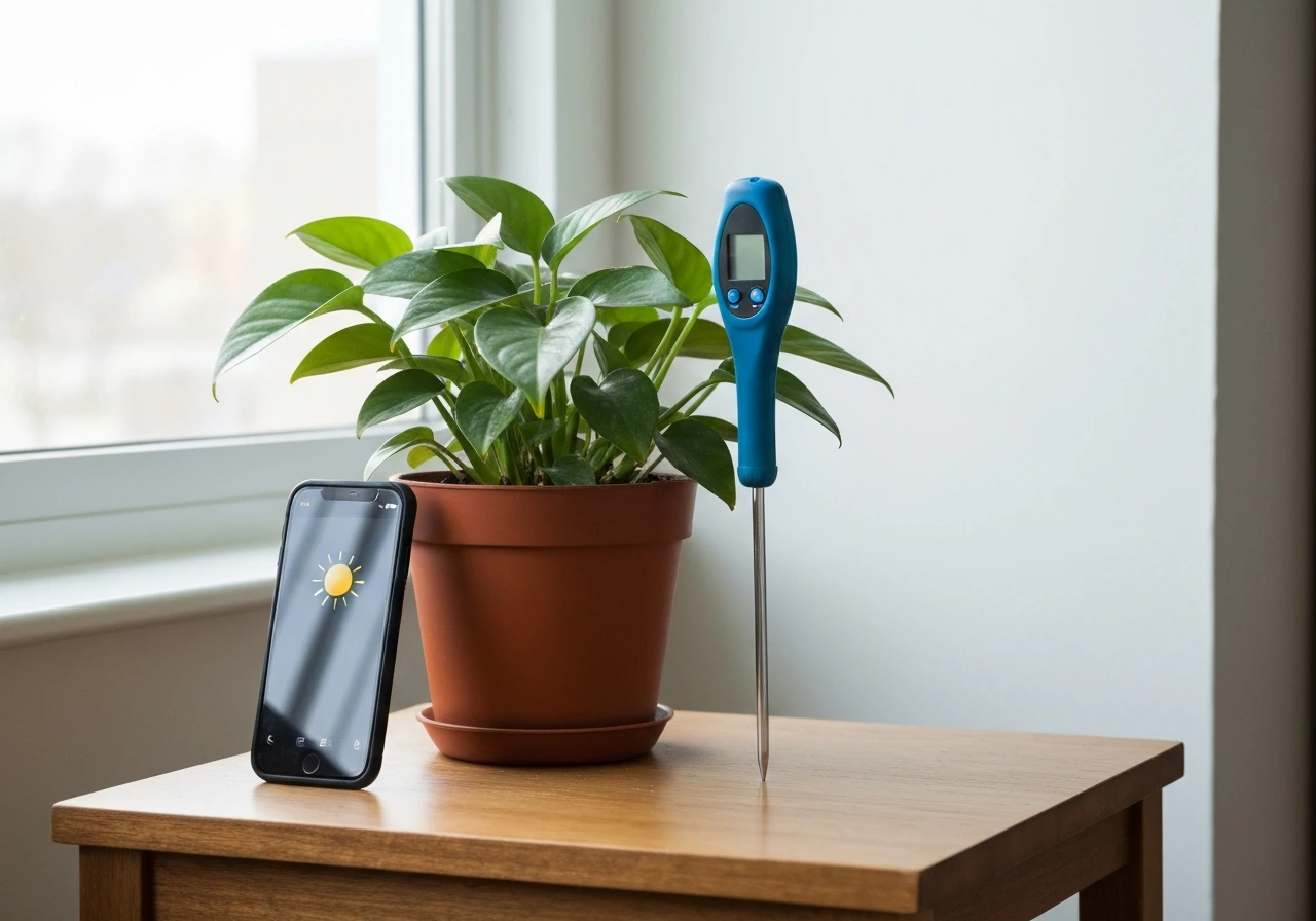Houseplant on a table with a phone used to check light and a soil moisture meter nearby.