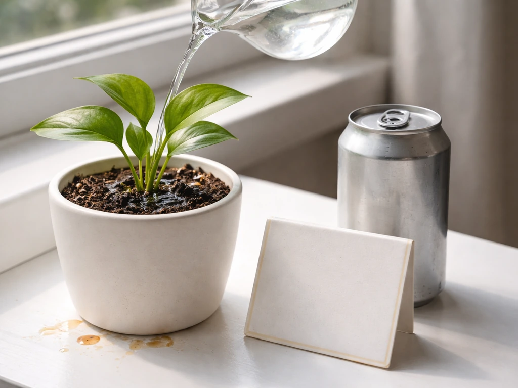 A small potted plant being gently watered beside a can, with a caution context implied