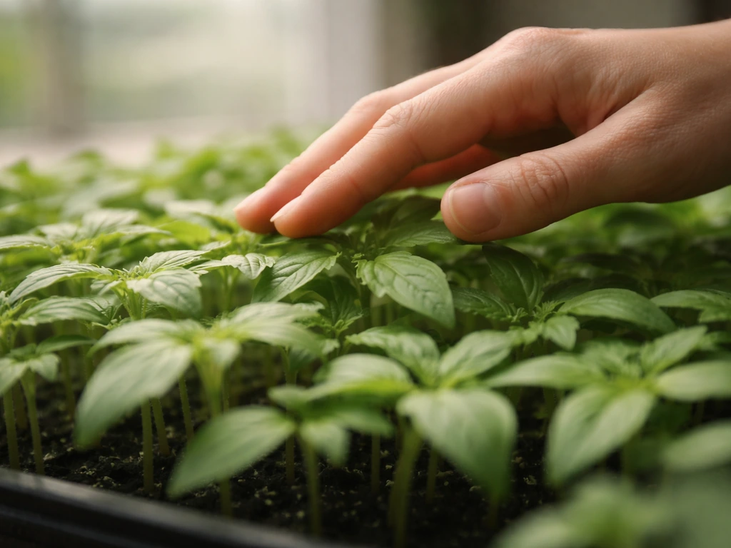 Close-up of a hand gently brushing a seedling’s leaves as they flex, showing mechanical stimulation.