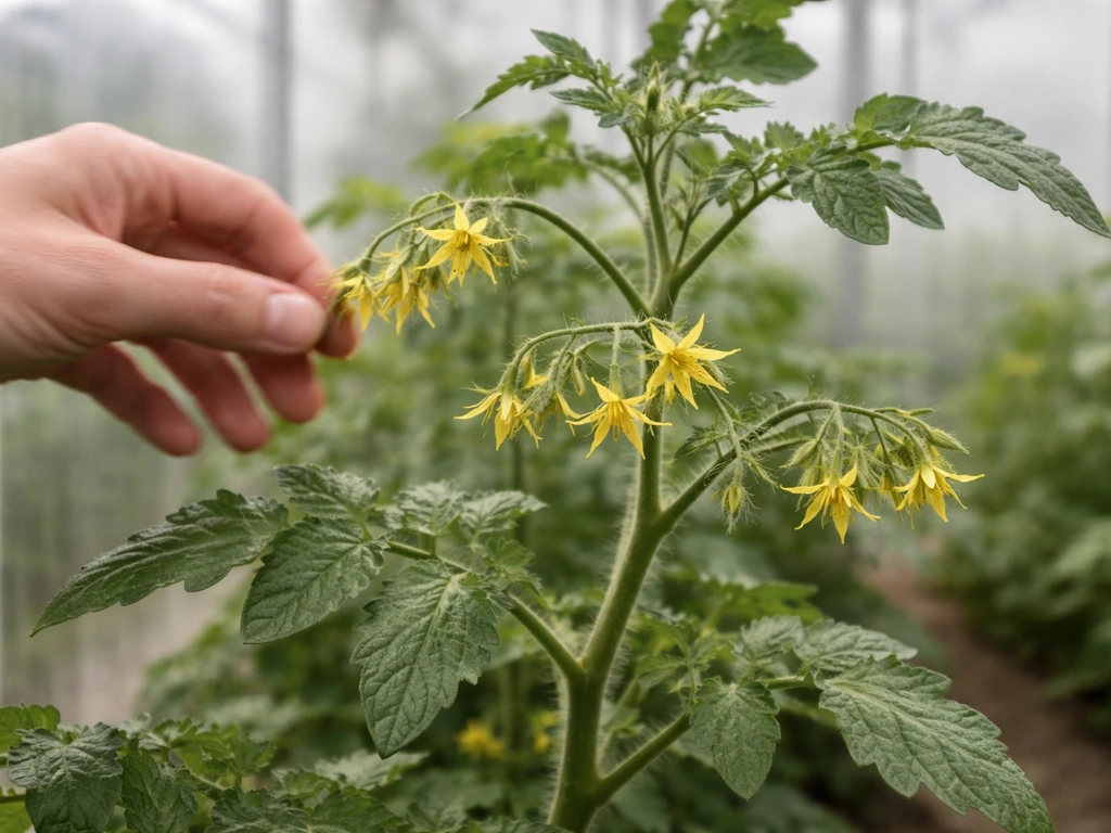 Hand lightly shaking a greenhouse tomato branch with flower clusters and soft pollen motion