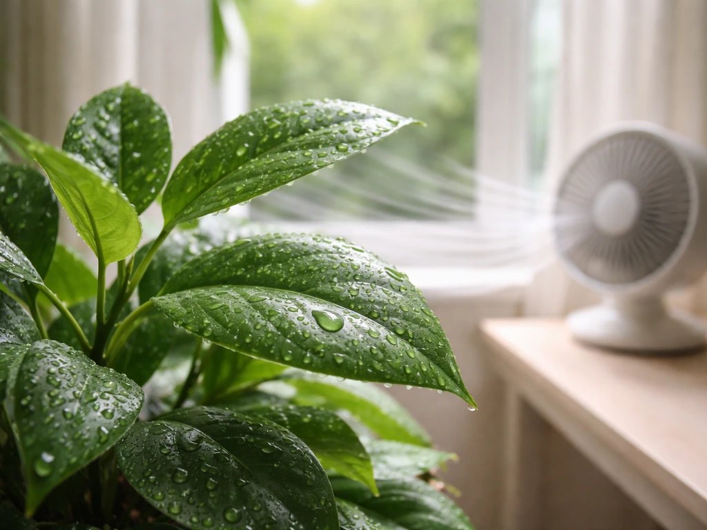 Close-up of wet houseplant leaves near a fan, showing drying airflow after accidental soaking.